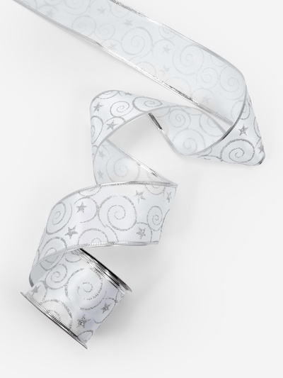 Лента атласная с металлической нитью «Узоры со звездой», 60 мм, 9±0.5 м, цвет белый, серебряный