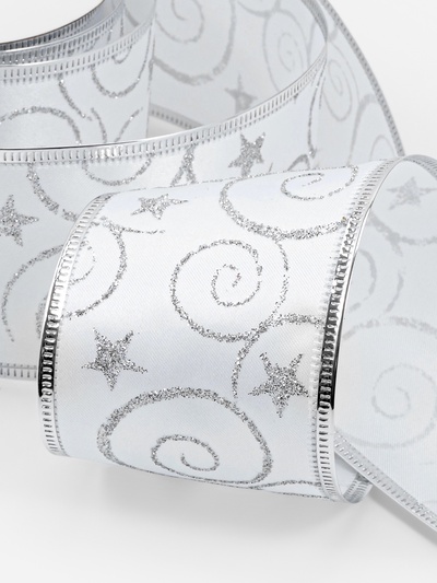 Лента атласная с металлической нитью «Узоры со звездой», 60 мм, 9±0.5 м, цвет белый, серебряный