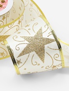 Лента атласная с металлической нитью «Узоры со звездой», 60 мм, 9±0.5 м, цвет белый, золотой - Фото 3