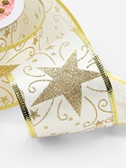 Лента атласная с металлической нитью «Узоры со звездой», 60 мм, 9±0.5 м, цвет белый, золотой - Фото 3