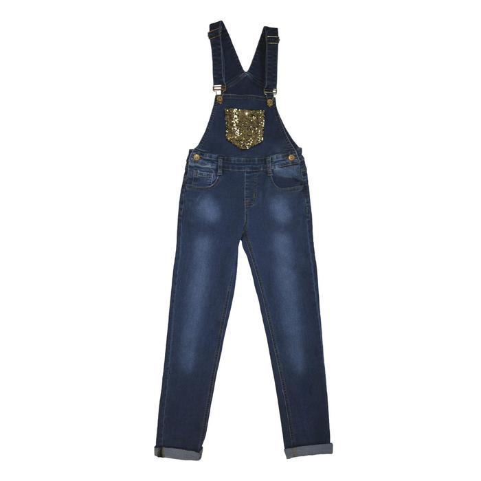 Полукомбинезон джинсовый для девочек, рост 140 см, цвет синий - Фото 1