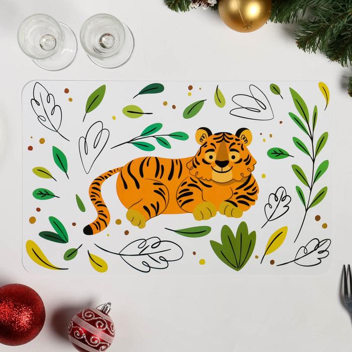 Салфетка на стол "Тигр" нарисованный символ года, листья, белый фон, ПВХ, 40 х 25 см, - Фото 1