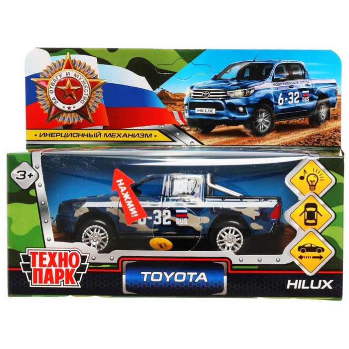 Машина металлическая Toyota Hilux 12 см световые и звуковые эффекты двери цвет синий камуфляж 650₽