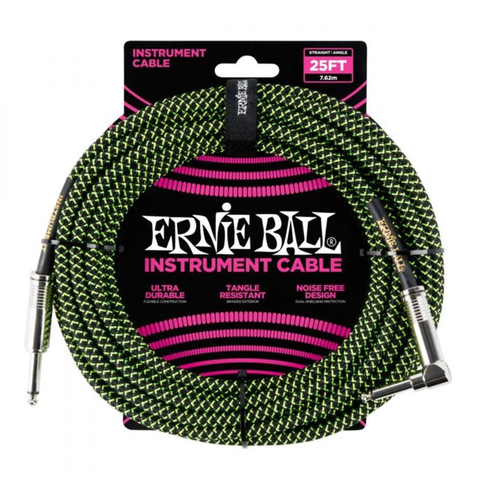 Кабель инструментальный ERNIE BALL 6066 - прямой / угловой джеки, 7,62м, цвет чёрный с зелёным   663
