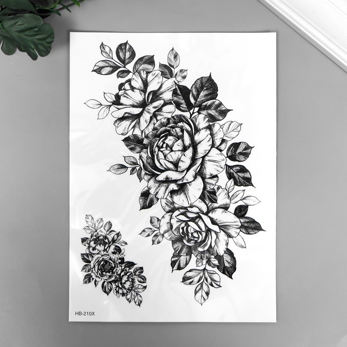 Татуировка на тело чёрная "Розы с тенями" 21х15 см - Фото 1