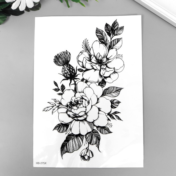 Татуировка на тело чёрная "Цветы шиповника" 21х15 см - Фото 1