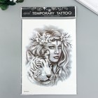 Татуировка на тело чёрная "Амазонка с тигром" 21х15 см - фото 6446726