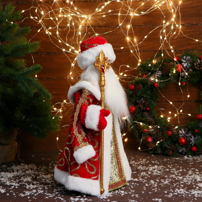 Дед Мороз "В красно-золотой шубе с узором, с посохом" двигается, 19х40 см - фото 1908730993