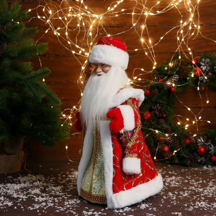 Дед Мороз "В красно-золотой шубе с узором, с посохом" двигается, 19х40 см - фото 1908730995