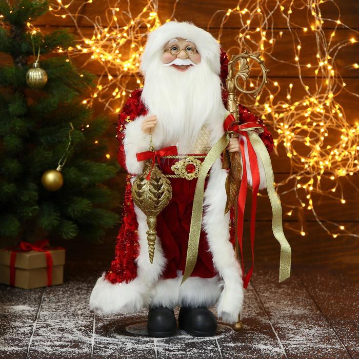 Дед Мороз &quot;В красном костюме, с узорным посохом и фонариком&quot; 27х50 см
