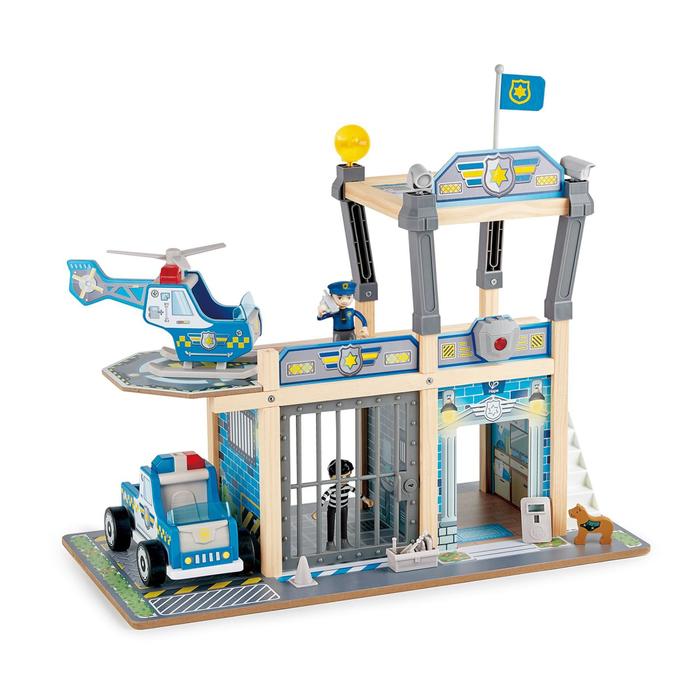Набор игровой Hape «Полицейский участок», двухэтажный, с вертолётом, машиной и куклами