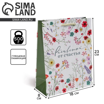 Пакет подарочный ламинированный, упаковка, «Расцветай от счастья», MS 18×23×8 см