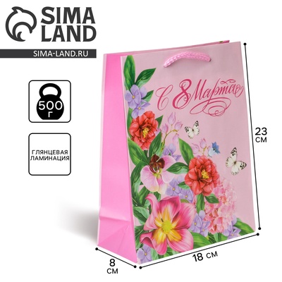 Пакет подарочный ламинированный, упаковка, «8 марта», MS 18×23×8 см