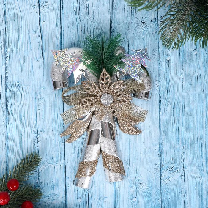 Украшение новогоднее "Рождественские леденцы" с цветком, 13х17 см, серебро - Фото 1