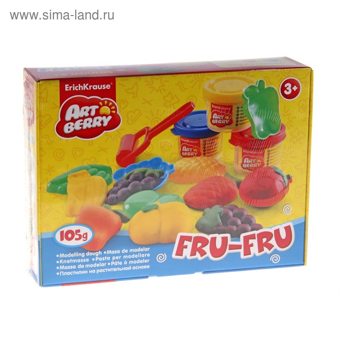Пластилин на растительной основе набор 3 цвета по 35г Fru-Fru + формочки - Фото 1