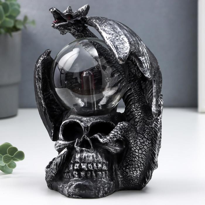Плазменный шар "Дракон и череп" черный с серебряной патиной 15х15х17,5 см - фото 1907272280