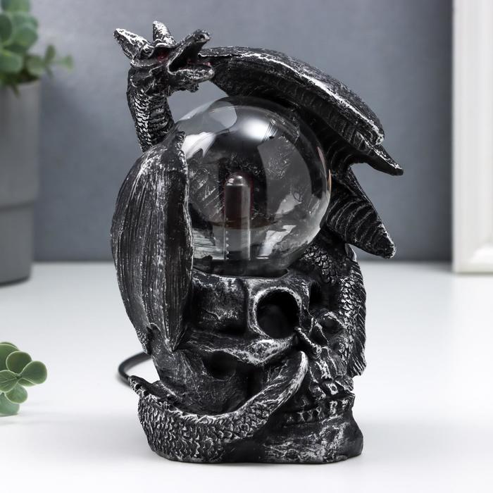 Плазменный шар "Дракон и череп" черный с серебряной патиной 15х15х17,5 см - фото 1907272283