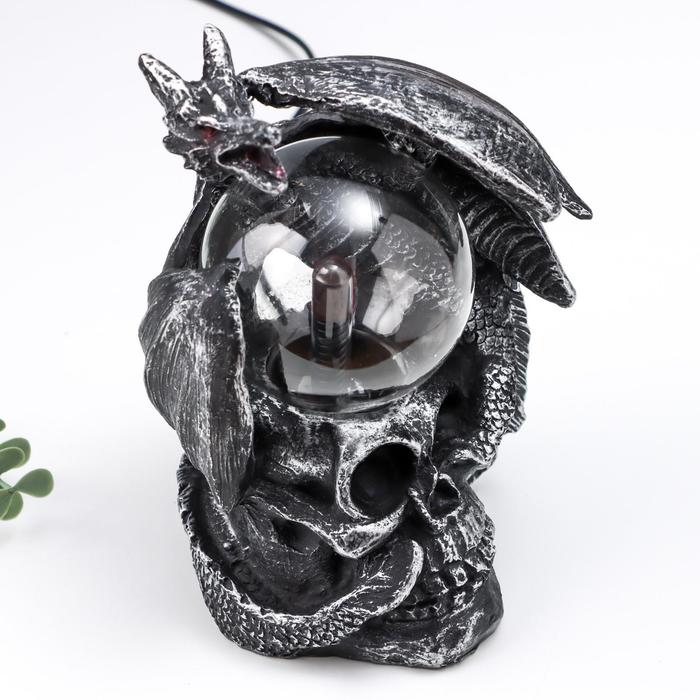 Плазменный шар "Дракон и череп" черный с серебряной патиной 15х15х17,5 см - фото 1907272285