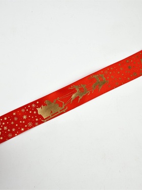 Лента атласная с тиснением «Олени в упряжке», 25 мм, 23±1 м, красная
