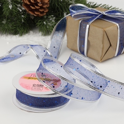 Лента капроновая с металлической нитью «Блёстки», 25 мм × 2,7 ± 0,5 м, цвет синий/серебряный