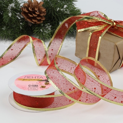 Лента капроновая с металлической нитью «Блёстки», 25 мм × 2,7 ± 0,5 м, цвет красный/золотой