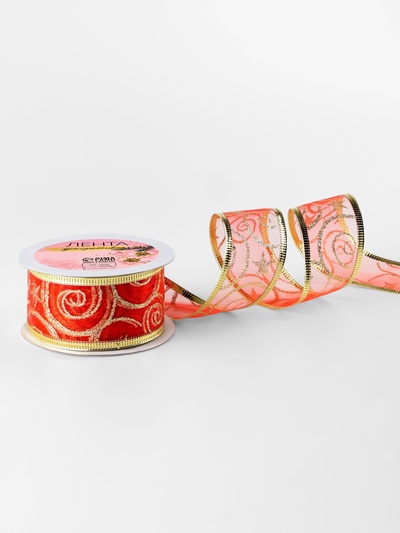 Лента капроновая с металлической нитью «Вензеля», 38 мм, 2.7±0.5 м, красная, золотая