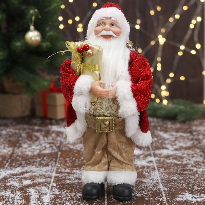 Дед Мороз "В золотисто-красном костюме, с ремешком, с подарками" 15х30 см - Фото 1