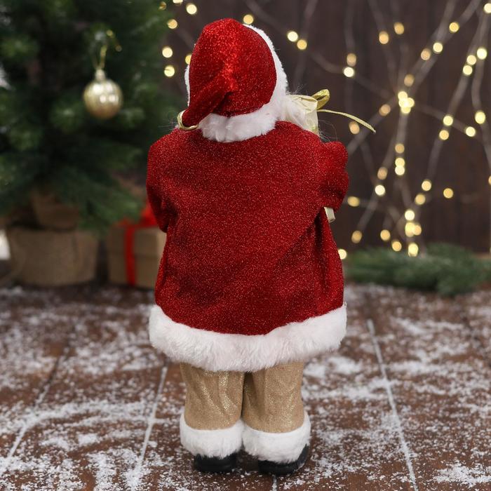 Дед Мороз "В золотисто-красном костюме, с ремешком, с подарками" 15х30 см - фото 1927732411