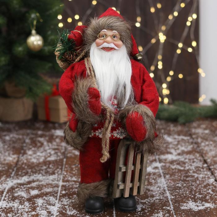 Дед Мороз &quot;В красном костюме, с санками&quot; 30х15 см
