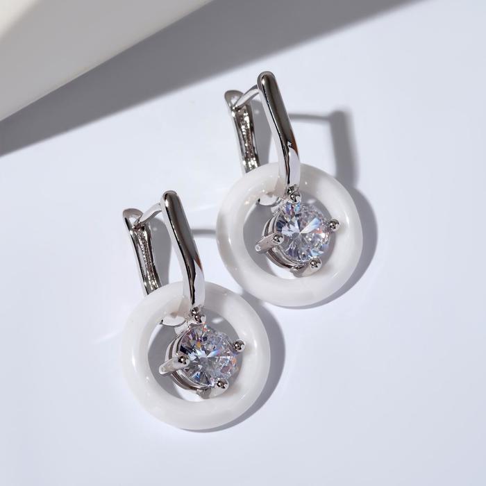 Серьги-трансформеры керамика «Кольцо» с кристаллом, цвет белый в серебре - Фото 1