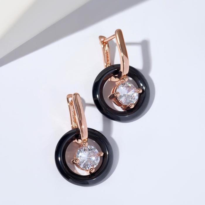 Серьги-трансформеры керамика «Кольцо» с кристаллом, цвет чёрный в золоте - Фото 1