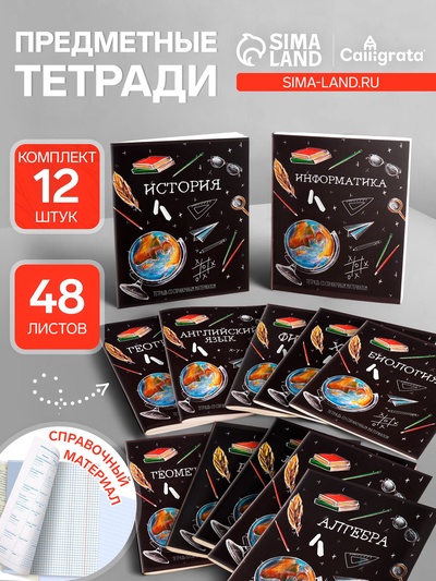 Набор предметных тетрадей Calligrata «Доска», 12 предметов, 48 листов, со справочным материалом, обложка из мелованного картона, блок офсет