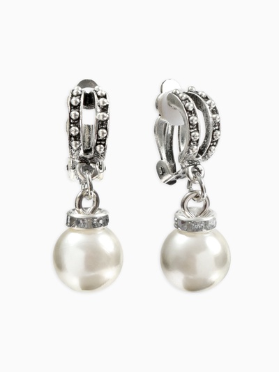 Серьги клипсы для ушей QF «Грейс», две линии с бусинами, белые в чернёном серебре