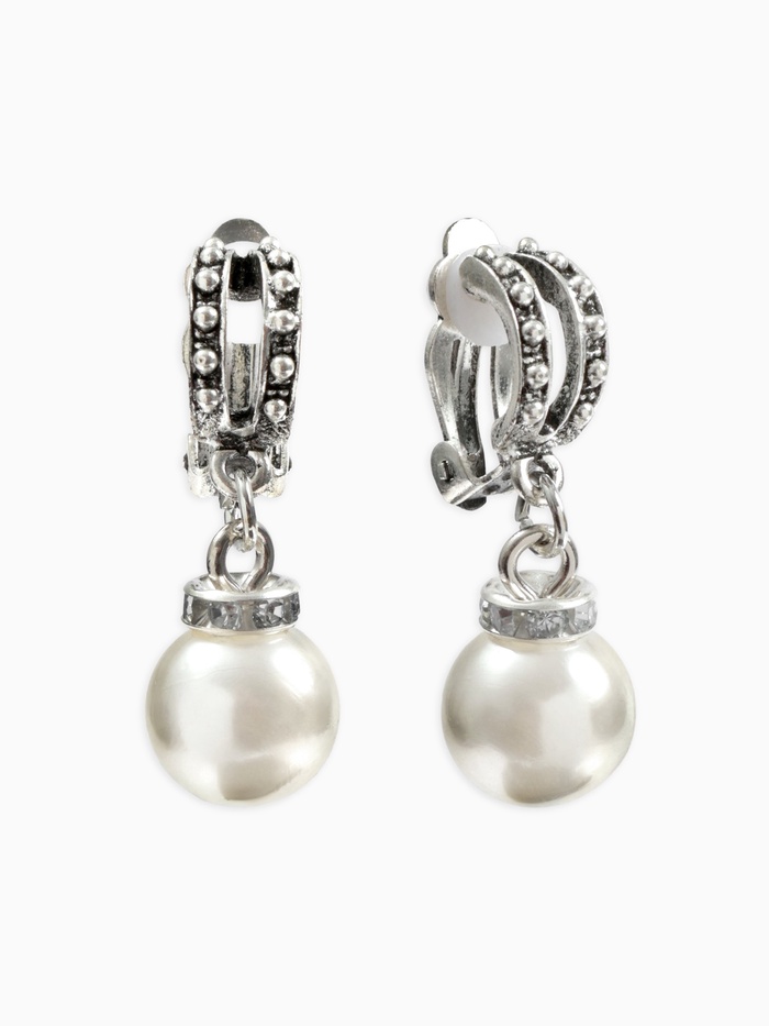 Серьги клипсы для ушей QF «Грейс», две линии с бусинами, белые в чернёном серебре - Фото 1