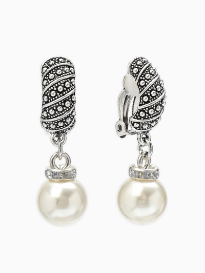 Клипсы «Грейс», диагональ бусин, белая в чернёном серебре