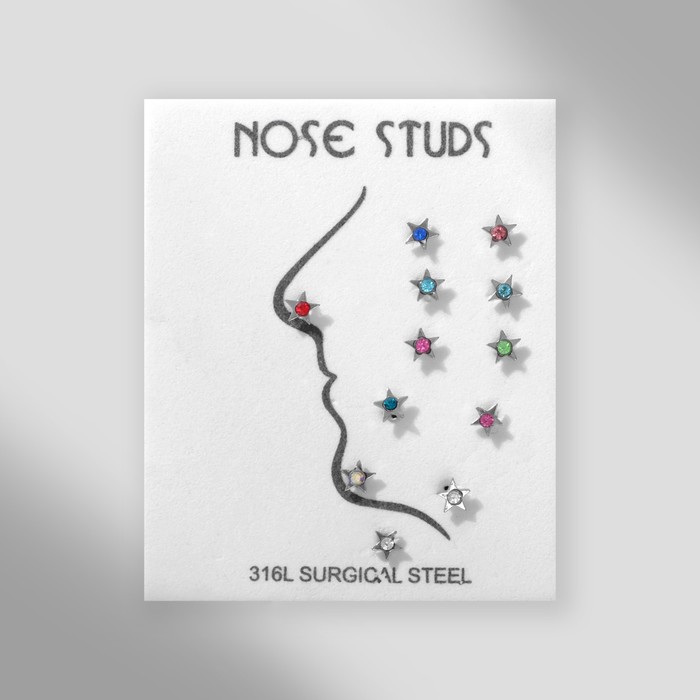 Пирсинг в нос «Звёздочка и стразинка» набор 12 шт., L=9 мм, МИКС в серебре - Фото 1