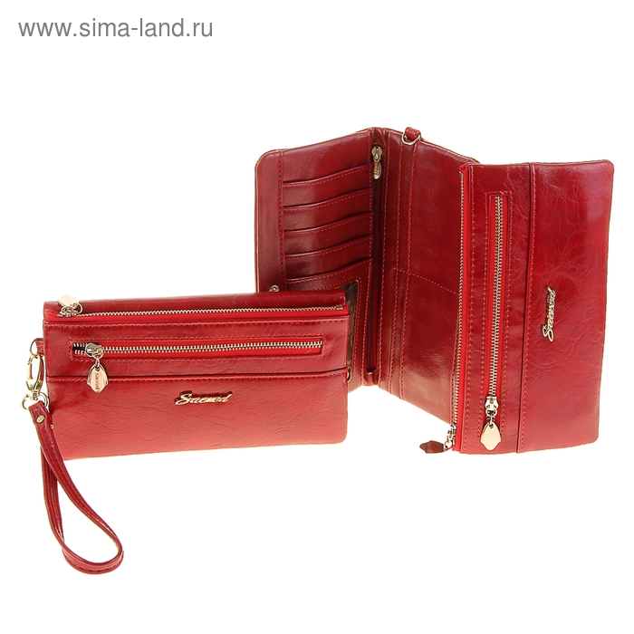Кошелек женский 2 в 1 "Джейми", 4 отдела, отдел для кредиток, наружный карман, с ручкой, красный - Фото 1
