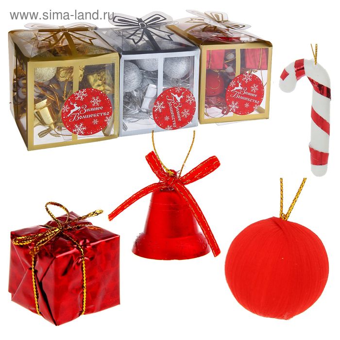 Набор украшений пластик 22 шт "Мини" (4 подарка, 6 колокол., 6 леденцов, 6 шаров) - Фото 1
