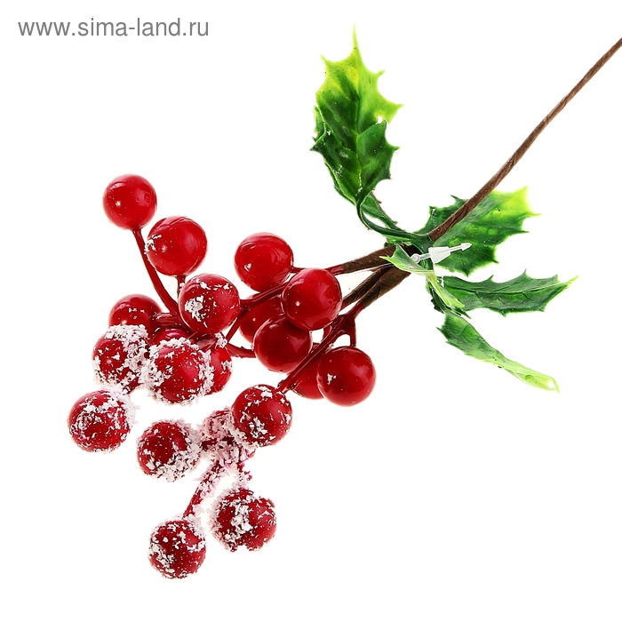 Декор "Зимняя сказка" веточка с красными ягодками и резными листиками 20 см - Фото 1