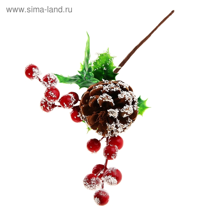 Декор "Зимняя сказка" веточка с шишкой и ягодками в снегу 23 см - Фото 1