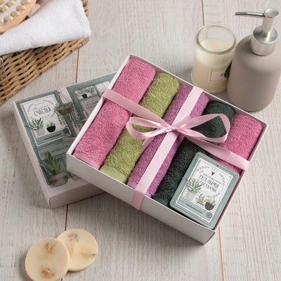 Салфетки махровые «Этель. Уголок счастья», 5 шт., 30×30 см, хлопок 100%, зелёные/розовые