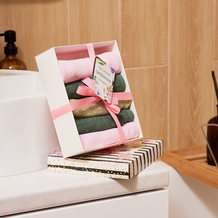 Салфетки махровые «Этель. Счастье это ты», 5 шт., 30×30 см, хлопок 100%, зелёные/розовые - Фото 1