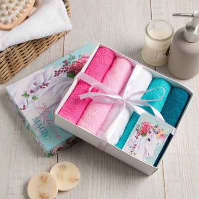 Салфетки махровые «Этель» Believe in magic, 5 шт., 30×30 см, хлопок 100%, бирюзовые/розовые