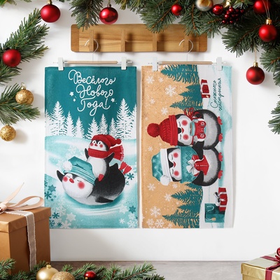 Набор новогодних кухонных полотенец Доляна «Снежного настроения » 35×60 см-2 штуки, 100% хлопок