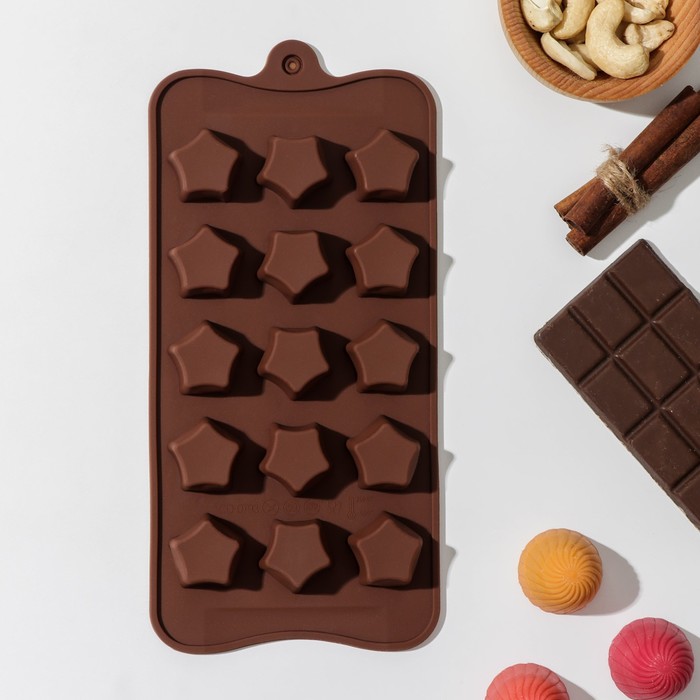 Форма для шоколада Доляна «Звёздочки», силикон, 21×10×2 см, 15 ячеек, цвет коричневый - фото 1911180636