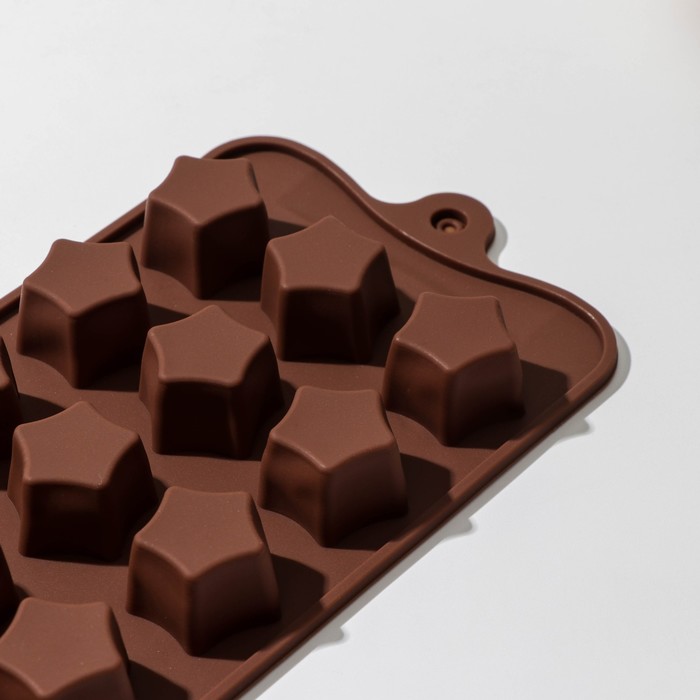 Форма для шоколада Доляна «Звёздочки», силикон, 21×10×2 см, 15 ячеек, цвет коричневый - фото 1911180637
