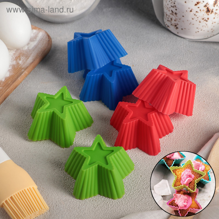 Набор силиконовых форм для выпечки Доляна «Риб. Звезда», 7×7×3,5 см, 6 шт, цвет МИКС - Фото 1