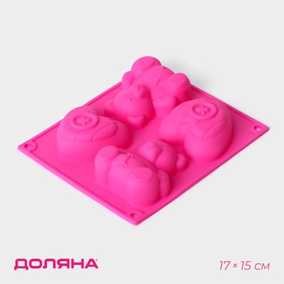 Форма для выпечки Доляна «Мишка и сердце», силикон, 17×15 см, 4 ячейки, цвет розовый