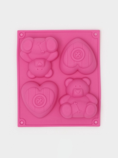 Форма для выпечки Доляна «Мишка и сердце», силикон, 17×15 см, 4 ячейки, розовая