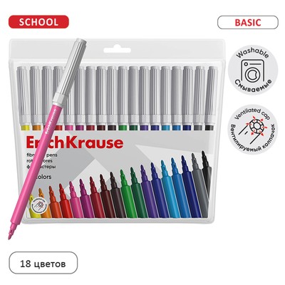 Фломастеры 18 цветов ErichKrause Basic, на водной основе, яркие цвета, вентилируемый колпачок